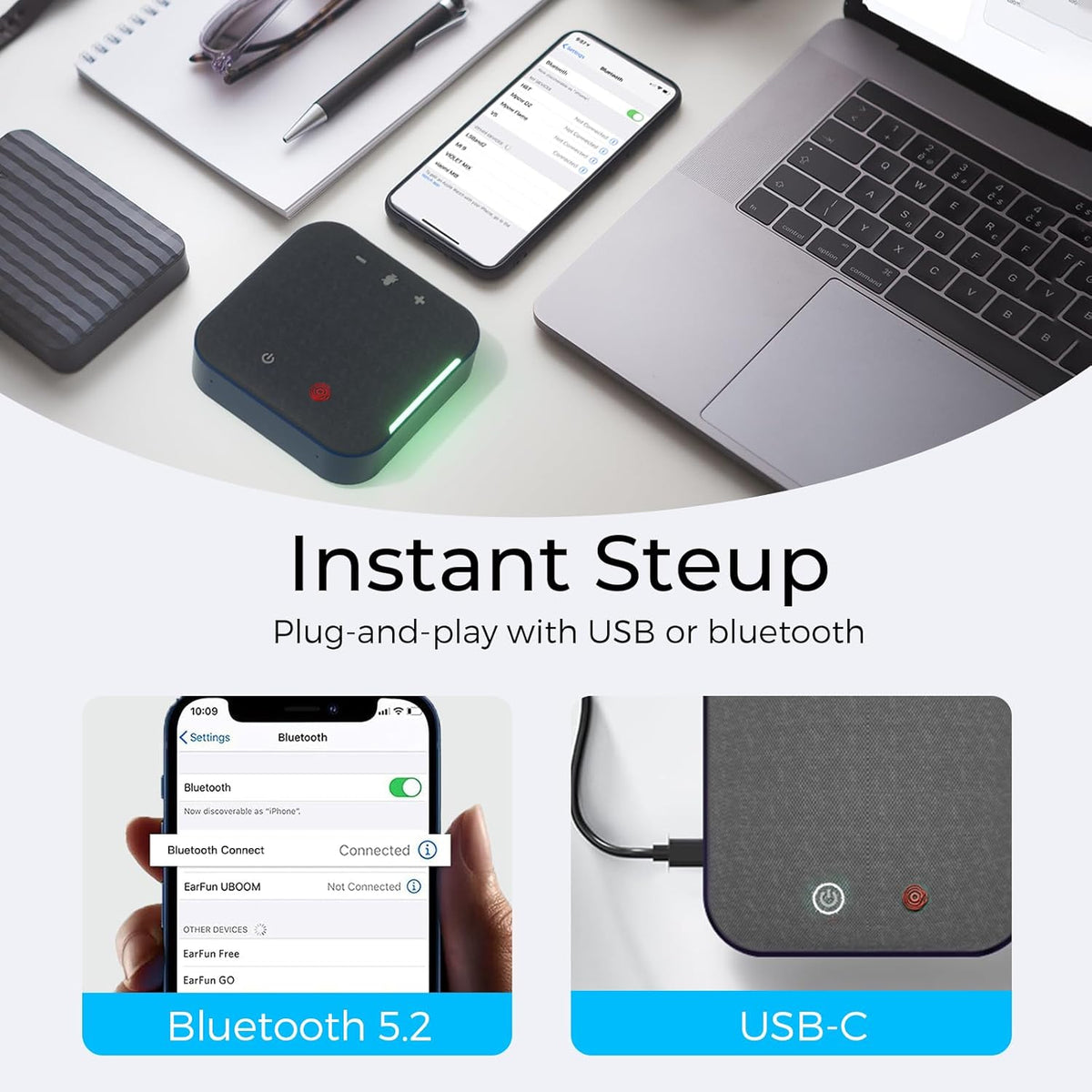 Conference Speaker and Microphone, USB C & Bluetooth Speakerphone for Computer, Laptop Speakers with mic, 360° Voice Pickup, AI Noise Reduction, 20H Call Time, Online Meetings
