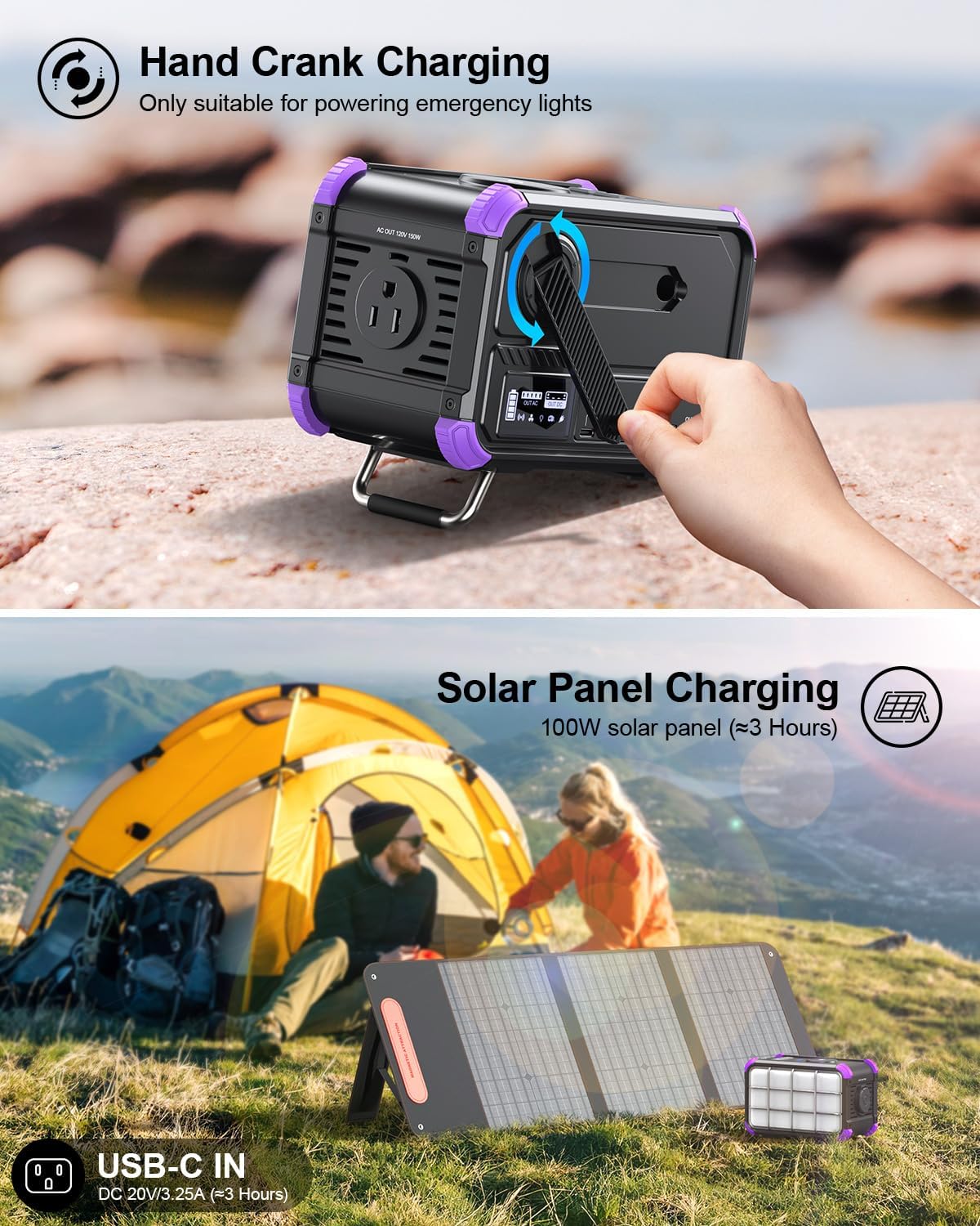 BROWEY Portable Power Station 153Wh Small Solar Generator with Hand Crank 120V 150W AC Outlet Lithium Battery Power Bank, Wireless Charging Emergency Charger for Outdoor Camping Travel Home Backup