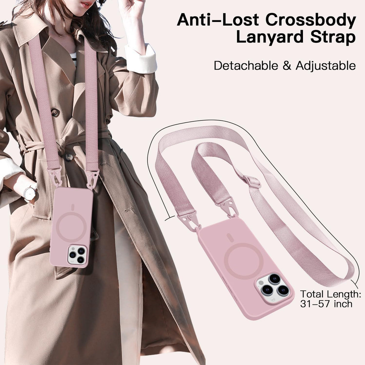 for iPhone 15 Pro Case with Lanyard [Compatible with MagSafe], Crossbody Phone Case with Neck Strap Adjustable, Magnetic Phone Cover for iPhone 15 Pro 6.1'' Pink