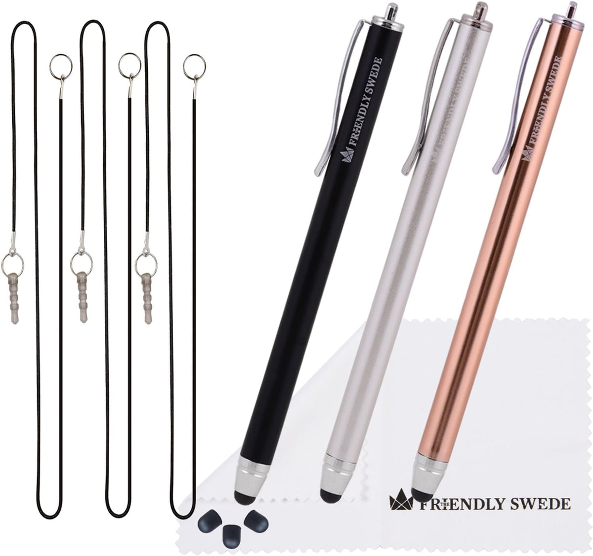 The Friendly Swede Stylus Pen for Touchscreen — 3-Pack 5.5" High Precision Stylus Pen with Replaceable Thin Tips, Elastic Lanyards & Screen Cleaning Cloth - Gold/Silver/Black