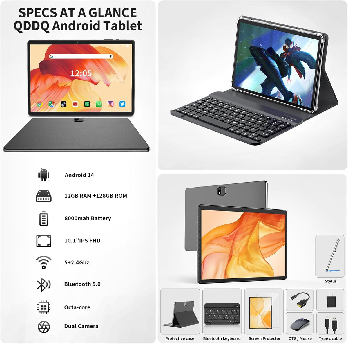Android Tablet with Keyboard, Android 14 Tablet, 12(6+6) GB+128GB, 1TB Expand, 2 in 1, Mouse, Stylus, 8000mAh Battery, 2.4G/5G WiFi, GPS, Green Case