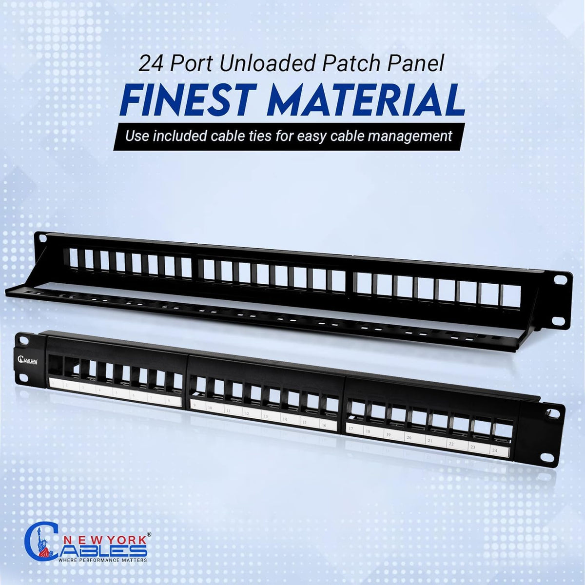 NewYork Cables® Blank Keystone 24 Port Cat6 Patch Panel - 10Gb Ethernet 1U Horizontal Rack Mount, Color-Coded T568A/B Labels, Network for Data Centers, Server Rooms, Unloaded, Unshielded.