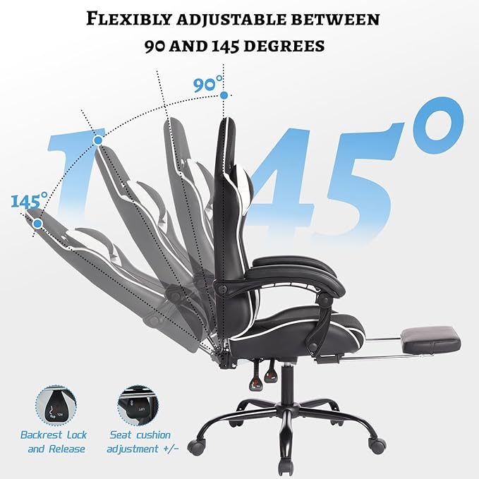 Modern High Back Gaming Chair PU Leather Computer Chair with Wheels Footrest Massage Lumbar Support Height Adjustable Swivel Game Chairs for Work or Home Office (Black White)