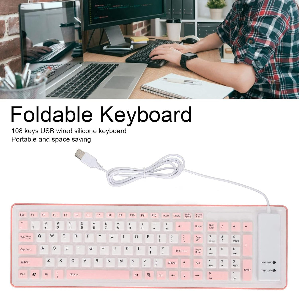 103 Keys Foldable Silicone Keyboard, Wired USB Silent Waterproof Rollup Keyboard for PC Laptops