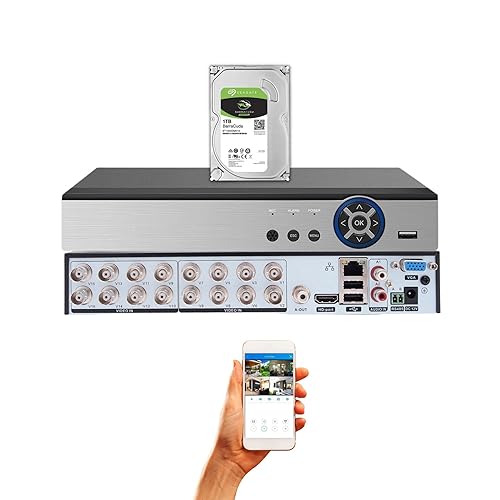 Evertech 16 Channel Surveillance H.265 Digital Video Recorder w/ 1TB Hard Drive Memory Storage Compatible with AHD TVI CVI Analog Cameras