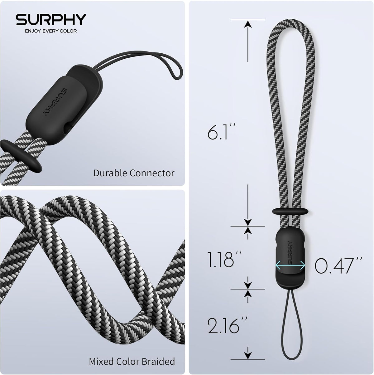 SURPHY 2 Pack Phone Lanyard for Cellphone Case, Phone Wrist Strap for Case, Cellphone Strap with 2-Color Braided, Charm Wrist Lanyard for Women and Men, Black & Gray