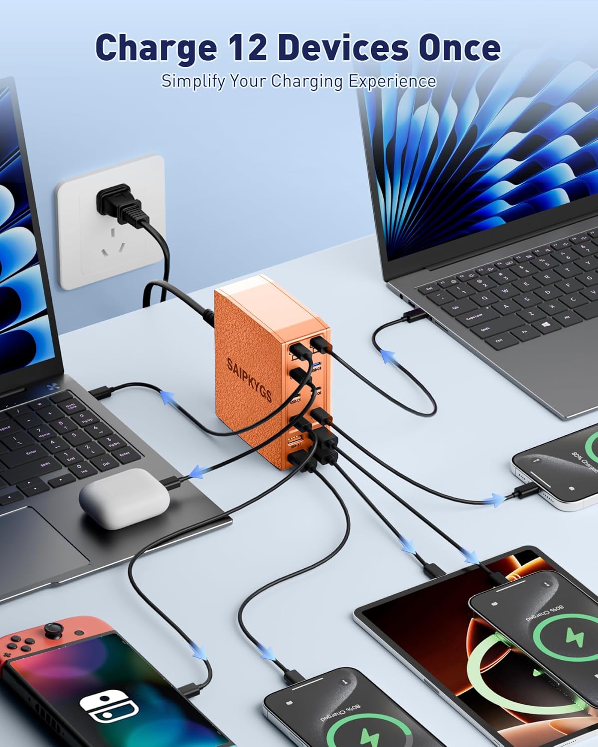 Charging Station (600W),12-Port USB C Charger Block with Dual 100W PD USB-C Fast Charging Station Hub for MacBook Pro/Air/All iPad iPhone 17/16 15/14/13/Pro Max/Samsung Galaxy Note(Orange)