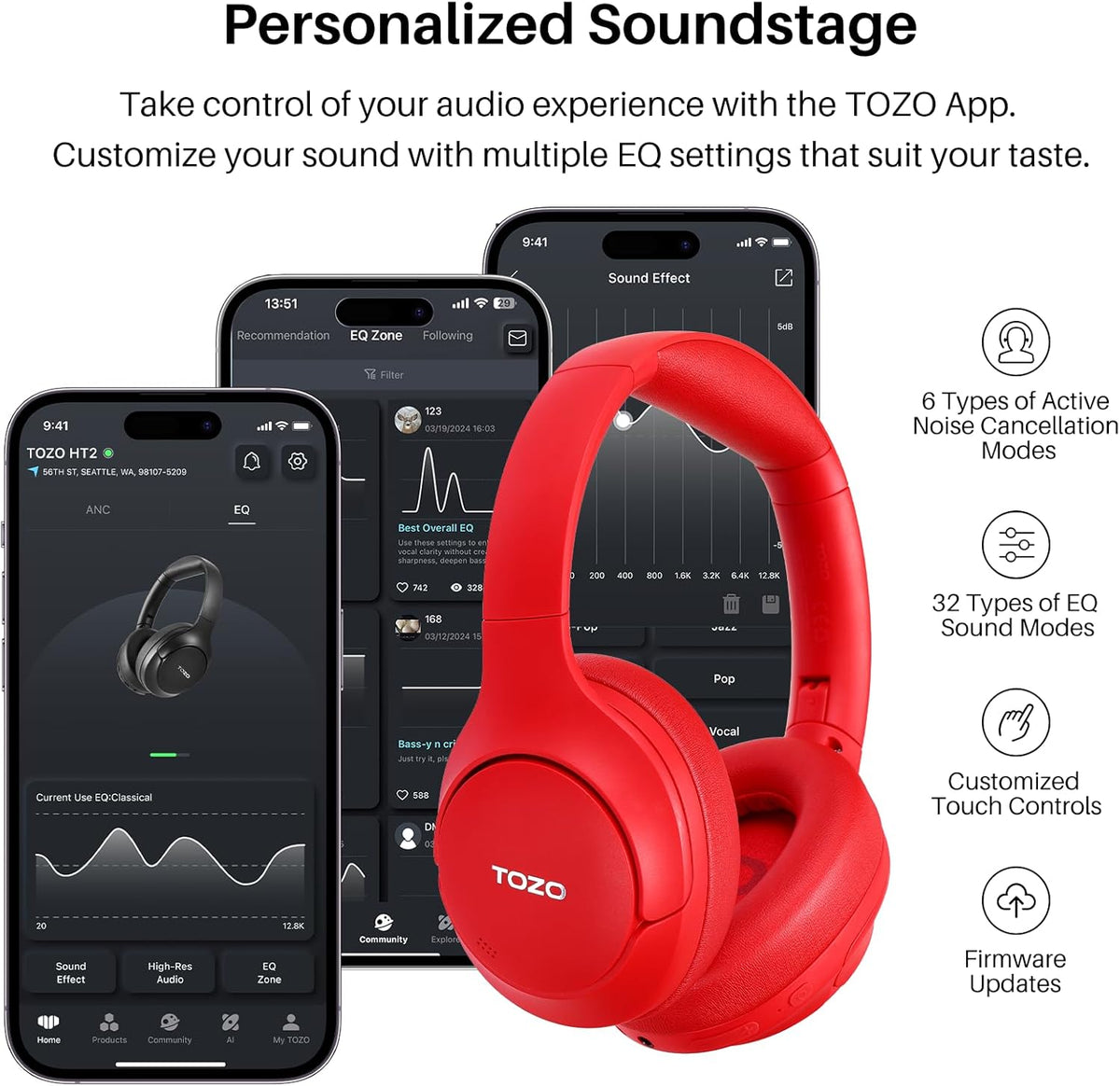 TOZO HT2 Hybrid Active Noise Cancelling Headphones, Wireless Over Ear Bluetooth Headset, 60H Playtime, Hi-Res Audio Custom EQ via App Deep Bass Comfort Fit Ear Cups, for Home Office Travel Red