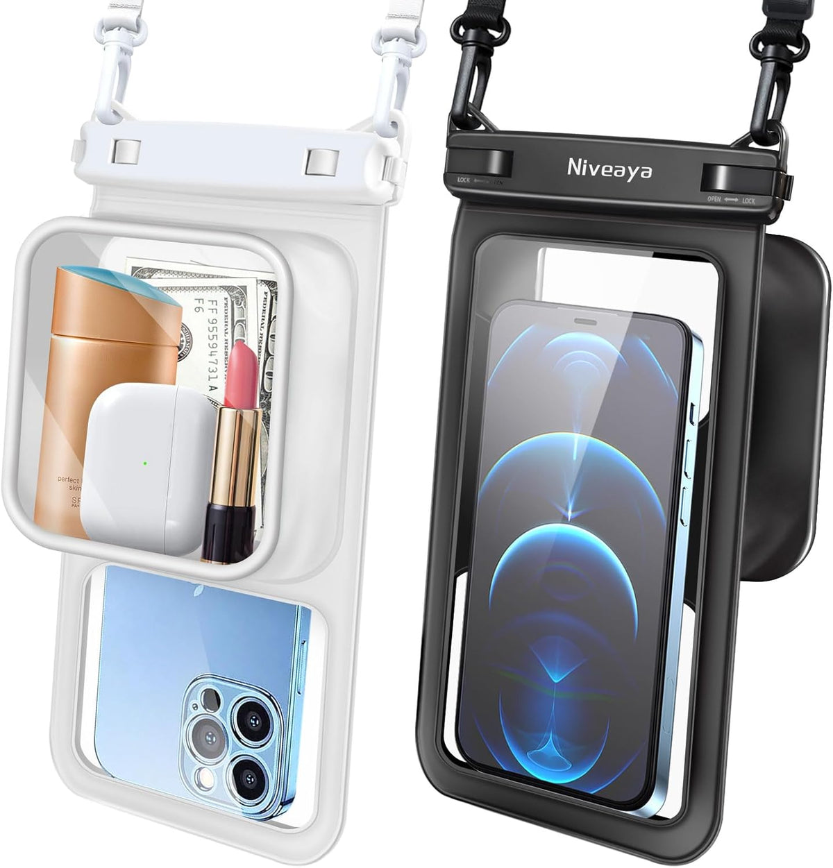 Niveaya [Floatable Floating Waterproof Phone Pouch 2 Pack-Up to 8.5", Large Space Adjustable Neck Lanyard Waterproof Phone Case, Phone Dry Bags for Vacation Beach Pool Kayak Cruise Travel Essentials