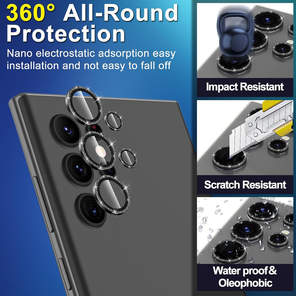 for Samsung Galaxy S22 Ultra Camera Lens Protector, Individual Metal Ring Tempered Glass Lens Cover, [Strong Adsorption] Scratch Resistant Ultra-Thin HD Clear Lens Cover, 1 Set-Black Sparkly