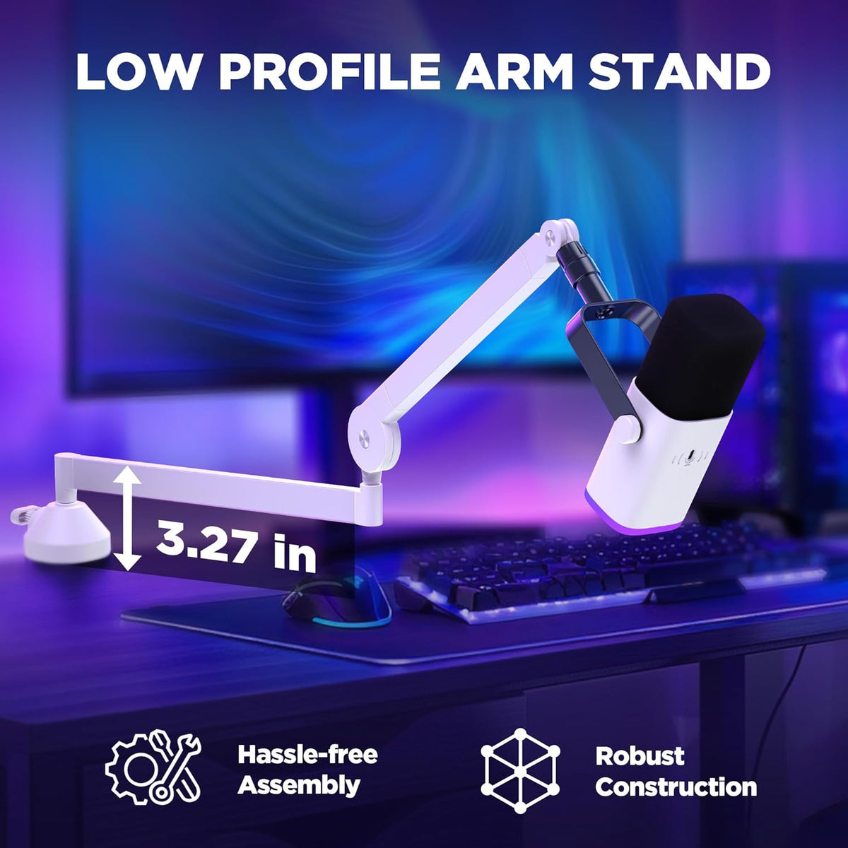 InnoGear Low Profile Mic Arm, 360° Rotatable Microphone Boom Arm Mic Stand for Fifine AM8 K669B Blue Yeti HyperX QuadCast SoloCast AT2020, with Mic Clip 3/8" to 5/8", 3/8" to 1/4" Adapter, White