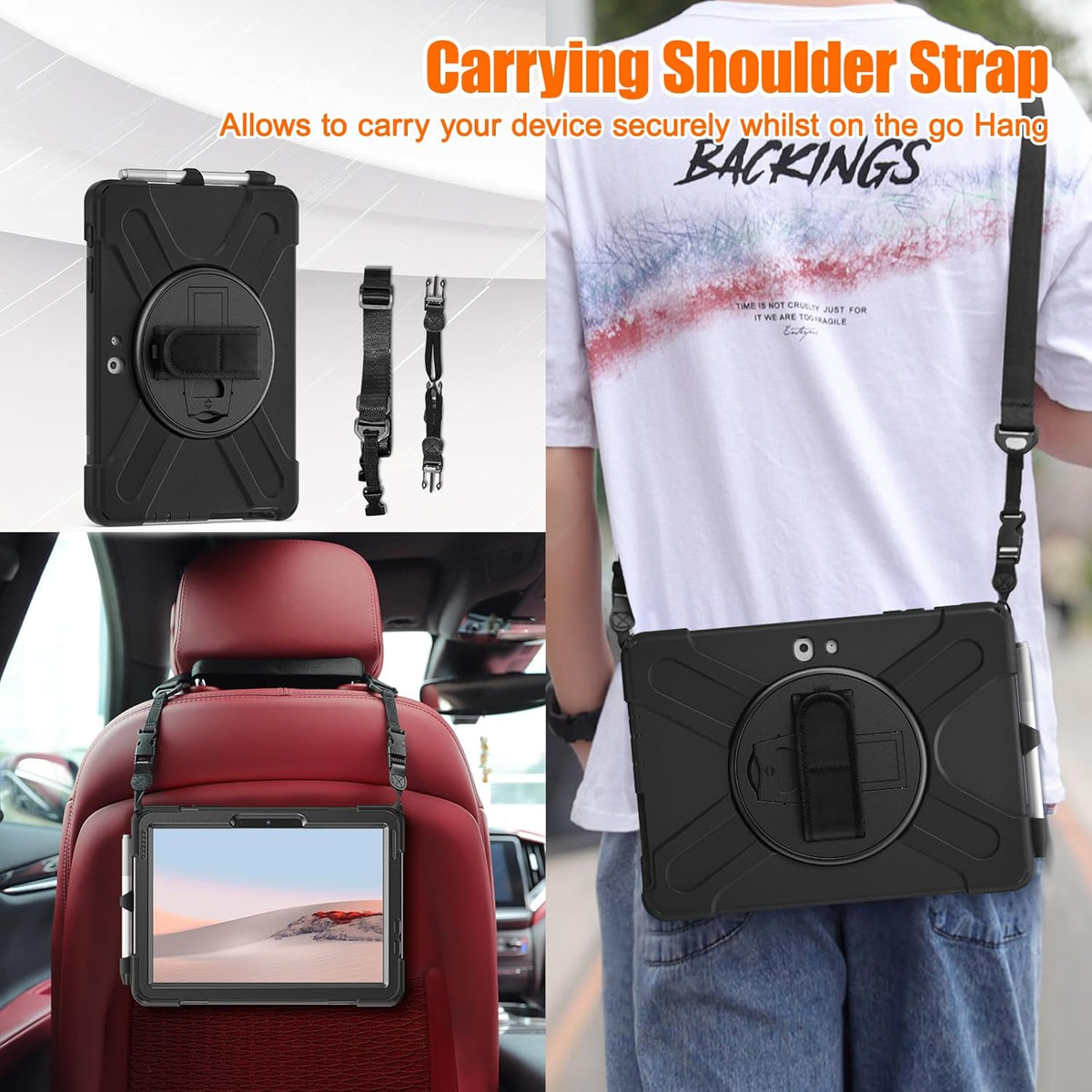ZenRich Rugged Case for Surface Go 4 (2023)/Surface Go 3 (2021)/ Surface Go 2 (2020), Surface Go (2018) with Pen Holder Heavy Duty Shockproof Case with Stand Hand Strap and Shoulder Belt-Black