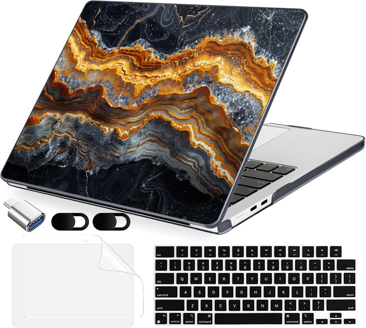 Compatible with MacBook Air 13.6 inch Case, M4 A3240/M3 A3113/M2 A2681 (Released 2025 to 2022), Hard Shell, Keyboard Cover, Screen Protector, Webcam Cover & Type-C Adapter, Black Gold