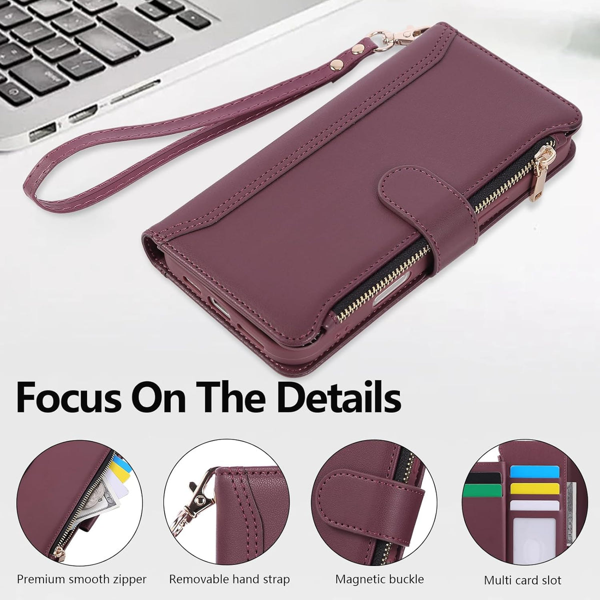 Compatible with iPhone 16 Pro Max Wallet Phone Case-PU Leather Magnetic Flip Cover with Credit Card Slots,Zipper Pocket & Detachable Wrist Strap,Shockproof Design,for Women and Men-Claret