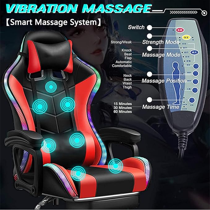 XOOFMASS Gaming Chair Massage with Footrest Gamer Chair with LED Lights and Spakers Ergonomic Gaming Chair for Adults Video Game Chair with Headrest and Lumbar SupportWhite