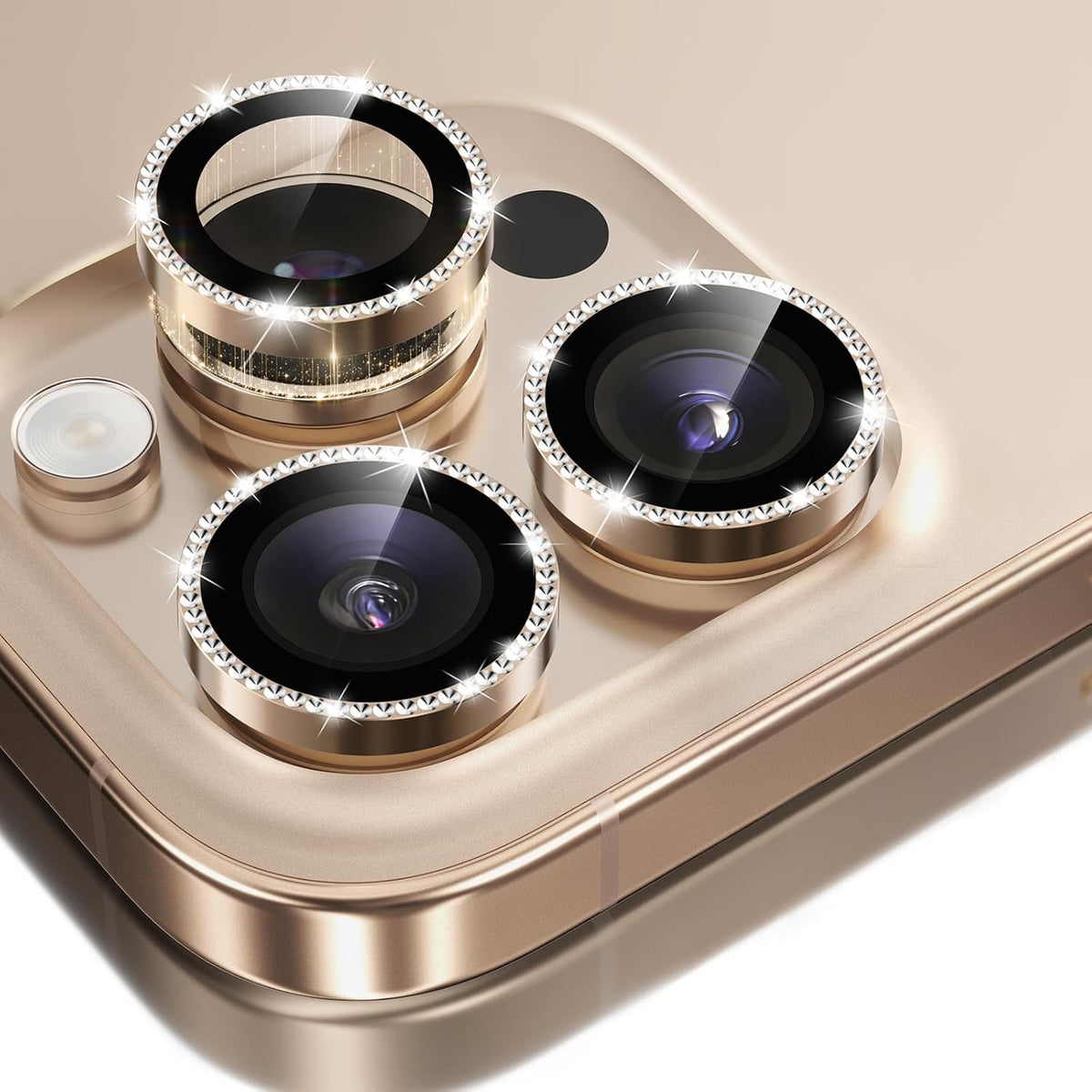 GolbinBox Camera Lens Protector for iPhone 16 Pro Max/16 Pro, 1:1 Invisible Fit, 9H Tempered Glass Ultra HD Metal Individual Camera Cover Screen Protectors for Women, Case Friendly, Bling/Desert Gold