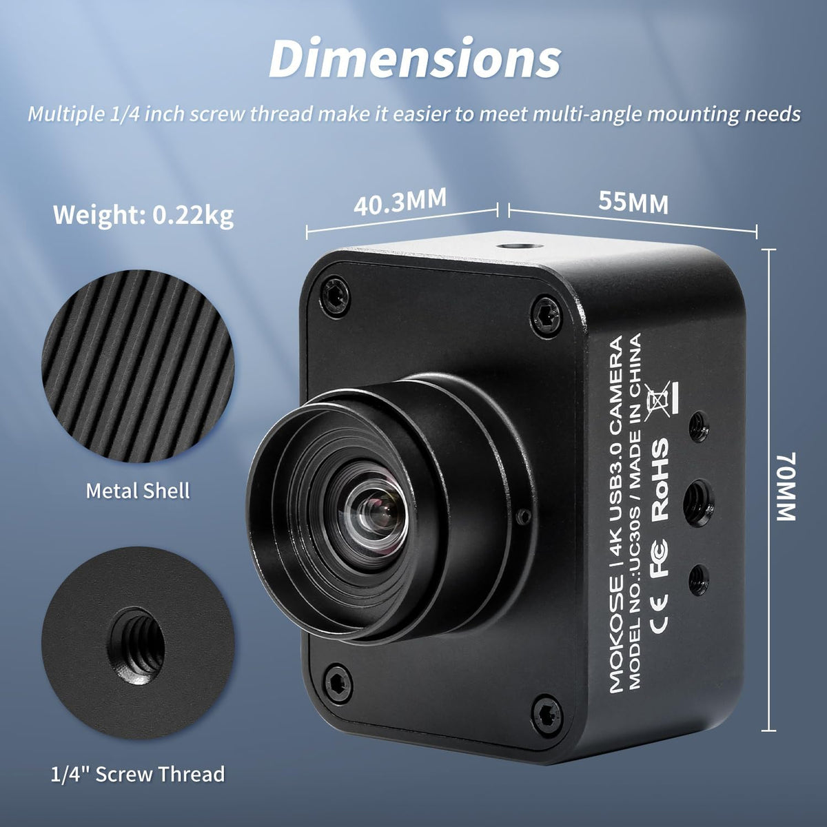 MOKOSE USB Camera 4K, USB3.0 Manual Focus Webcam with 4.2mm Wide Angle Lens, IMX678 1/1.8" 8MP Sensor Support YUY2, Web Camera for Desktop Computer Laptop