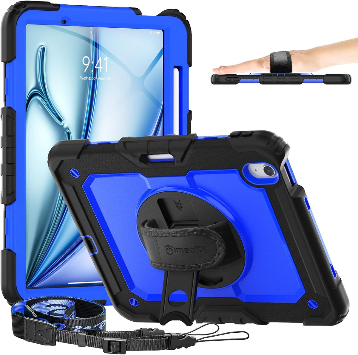 timecity Case for iPad Air 11 Inch M3/ M2 (2025/2024), 360° Rotating Stand, Pencil Holder & Wireless Charging, Shockproof with Screen Protector & Shoulder Strap - for Designers, Dark Blue
