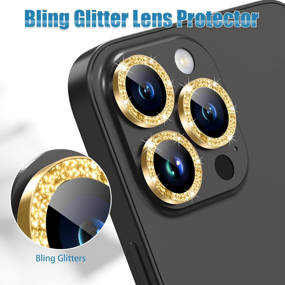 AGVEE 3+3 6 Pack for iPhone 15 Pro/Pro Max, Bling Diamond & Glitter Metal Ring 9H Tempered HD Glass Camera Protector Cover Film, Gold