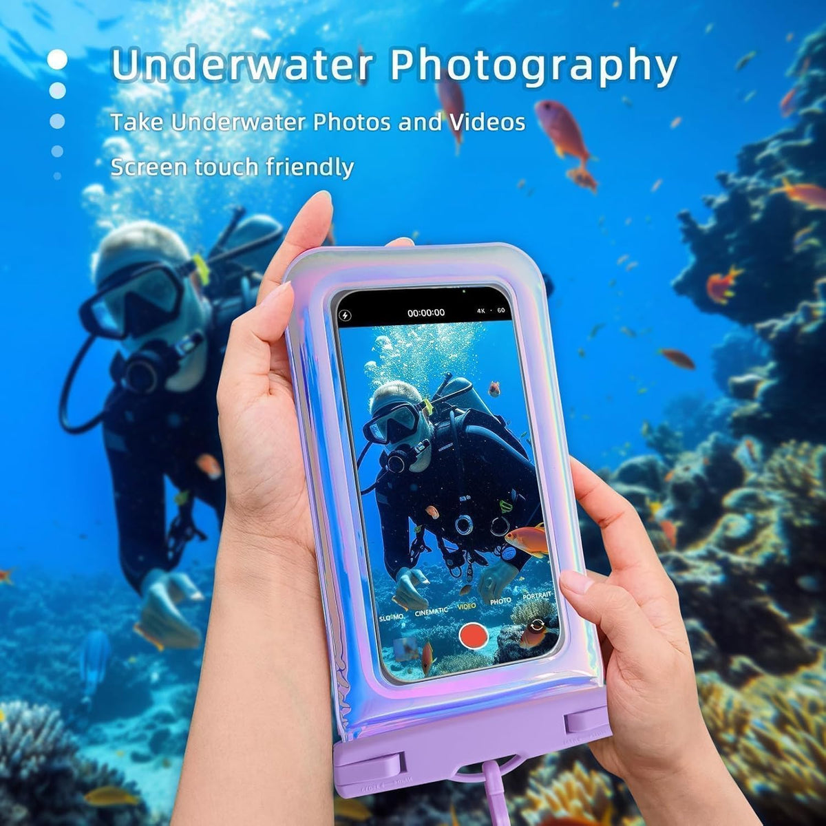 Floatable Waterproof Phone Pouch Case for iPhone 16 Pro Max/15/14/13/12, IP68 Travel Cellphone Dry Bag Beach Cruise Ship Essentials Bags with Crossbody Lanyard, Iridescent Purple-7″