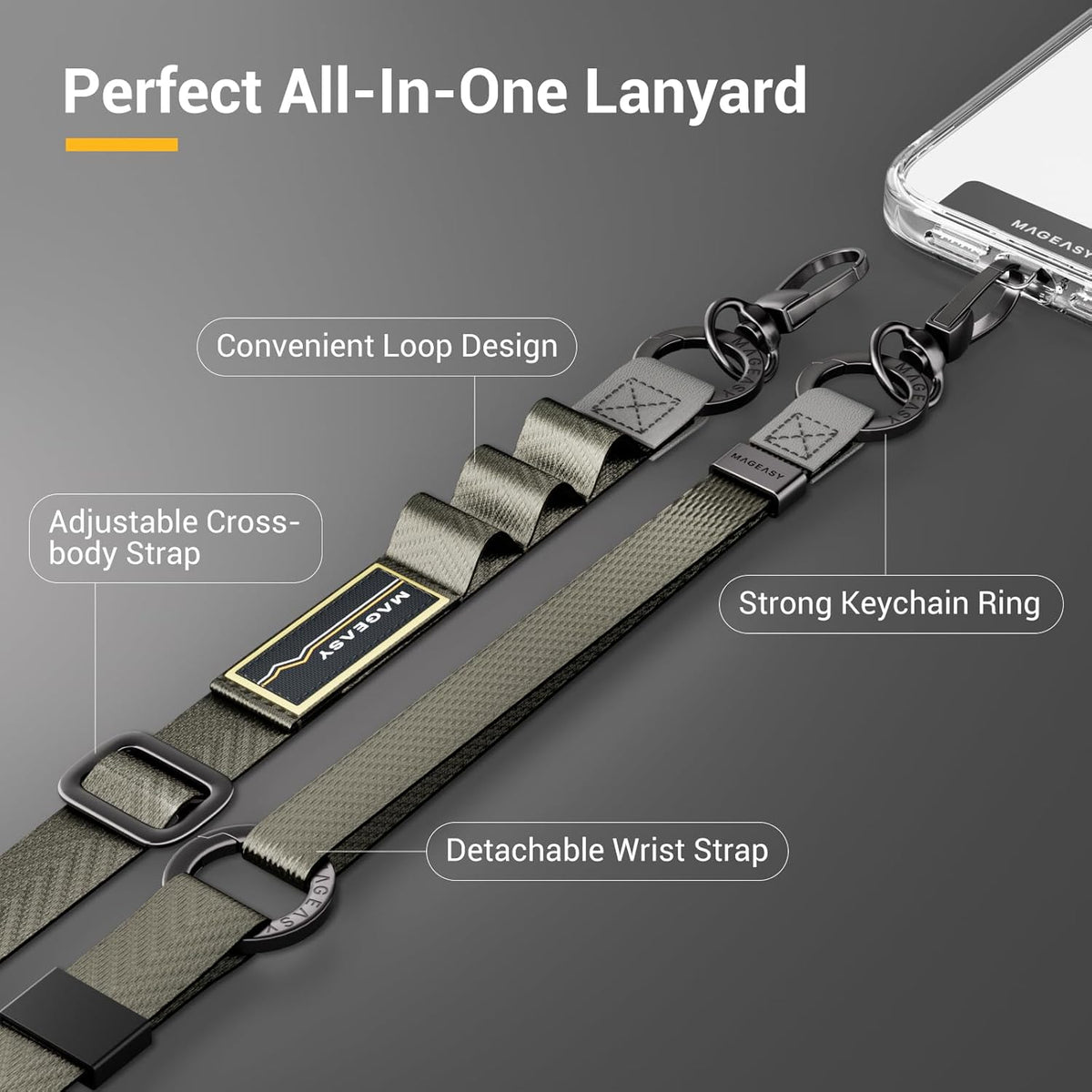 MAGEASY 2-In-1 Cell Phone Lanyard Crossbody - Universal Crossbody Phone Strap & Phone Wrist Strap with Built-in Keychain, Phone Tether Tab | Anti Drop & Anti Theft for Daily & Outdoor Activities
