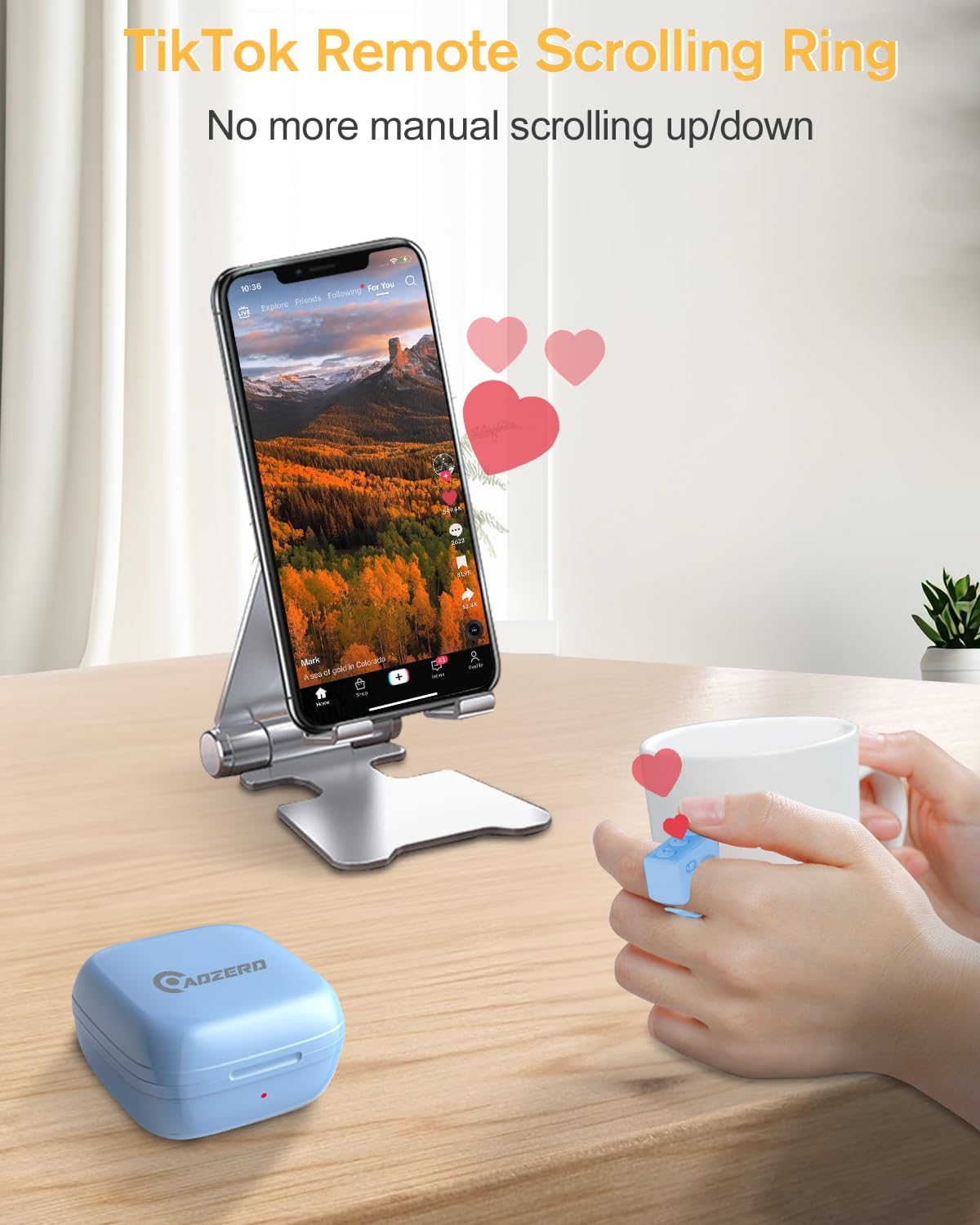 ADZERD Remote Control for TikTok, Page Turner for iPhone/iPad, Bluetooth Camera Video Recording Remote, Scrolling Ring for TIK Tok, Compatible with iOS/Android Phones & Tablets - Blue