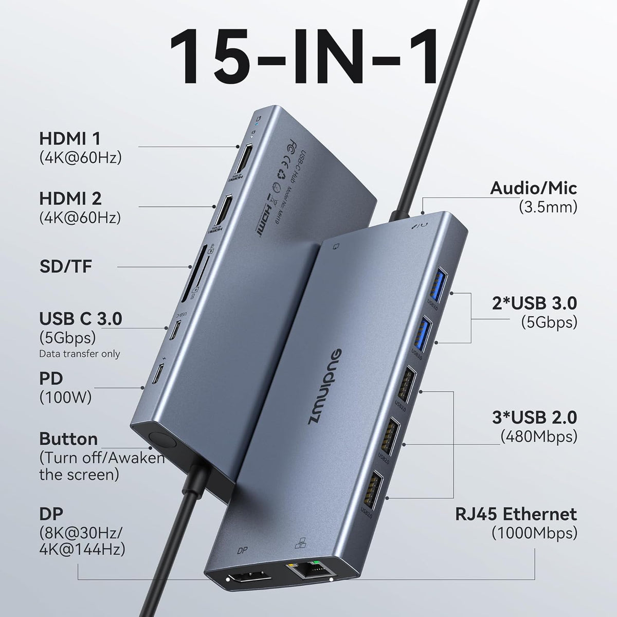 USB C Laptop Docking Station with 2 HDMI 4K@60Hz+DP 8K@30Hz for Dell HP Thinkpad Surface, 15 in 1 USB C Hub Triple Display Multiple Adapter, Dongle with USB A Port+Button+PD+Ethernet+SD/TF+Audio