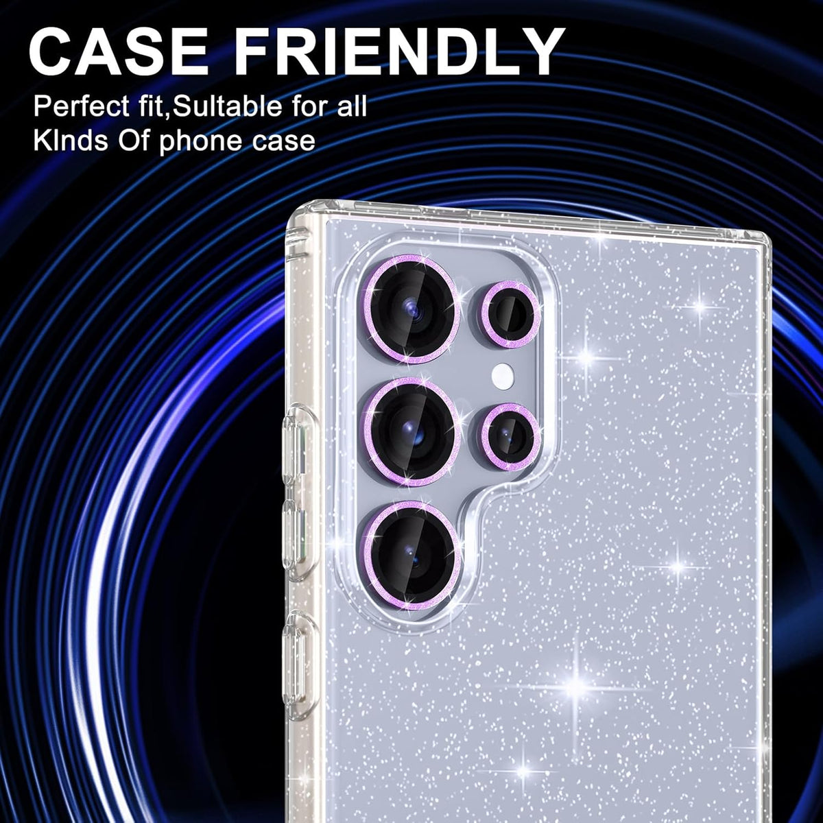 for Samsung Galaxy S25 Ultra Camera Lens Protector, Individual Metal Ring Tempered Glass Lens Cover, [Strong Adsorption] Scratch Resistant Ultra-Thin HD Clear Lens Cover, 1 Set-Purple Sparkly