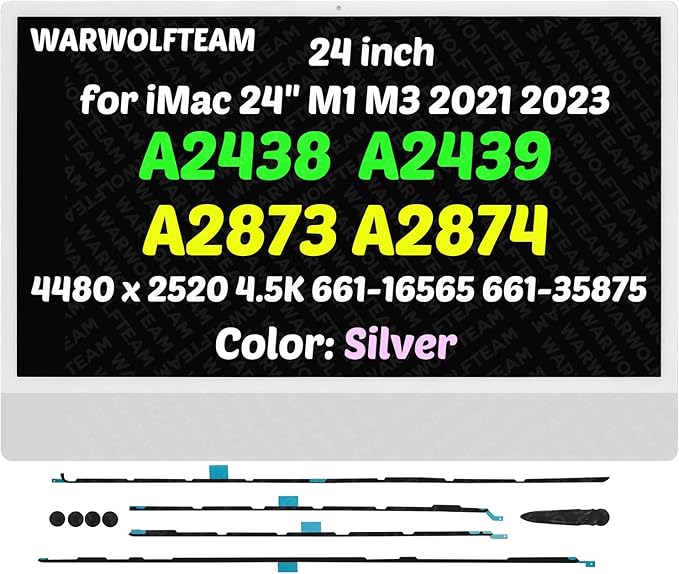 24in LM235UH1(SD)(A2) Compatible with iMac A2438 A2439 A2873 A2874 M1 M3 2021 2023 EMC 3663 EMC 3664 EMC 8206 EMC 8207 4.5K LCD Screen Display Assembly(661-16565 661-35875 Silver)
