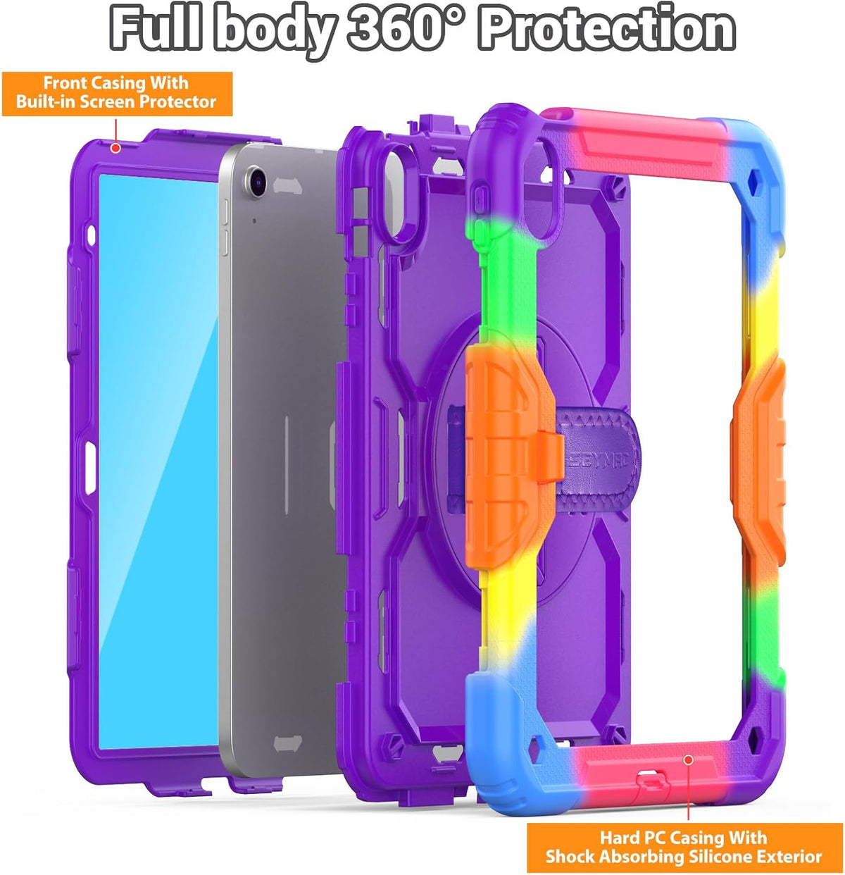 SEYMAC Case for iPad (A16) 11th/10th Generation 2025/2022 (11″/10.9″), Heavy Duty Full-Body Shockproof Protective Case with Screen Protector, Rotating Stand, Hand/Shoulder Strap, Colorful/Purple