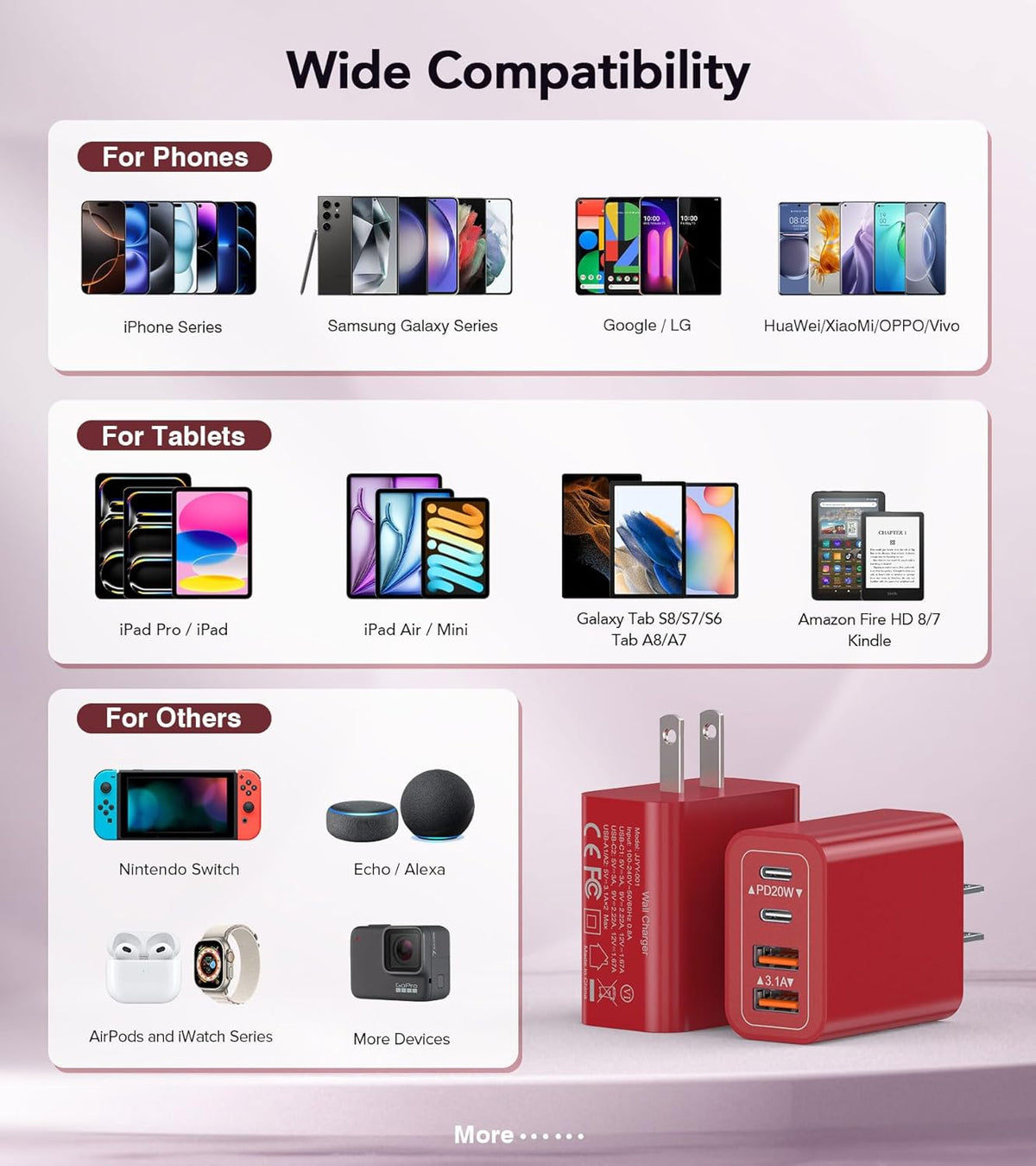 40W USB C Wall Charger, 2-Pack Super Fast Charging Block PD+QC 4 Port Charger Cube for iPhone 16,iPad Pro/Mini/Air, iPod Nano, iPod Touch, Switch, Smart Phone, Smartwatches and Tablet(Red)