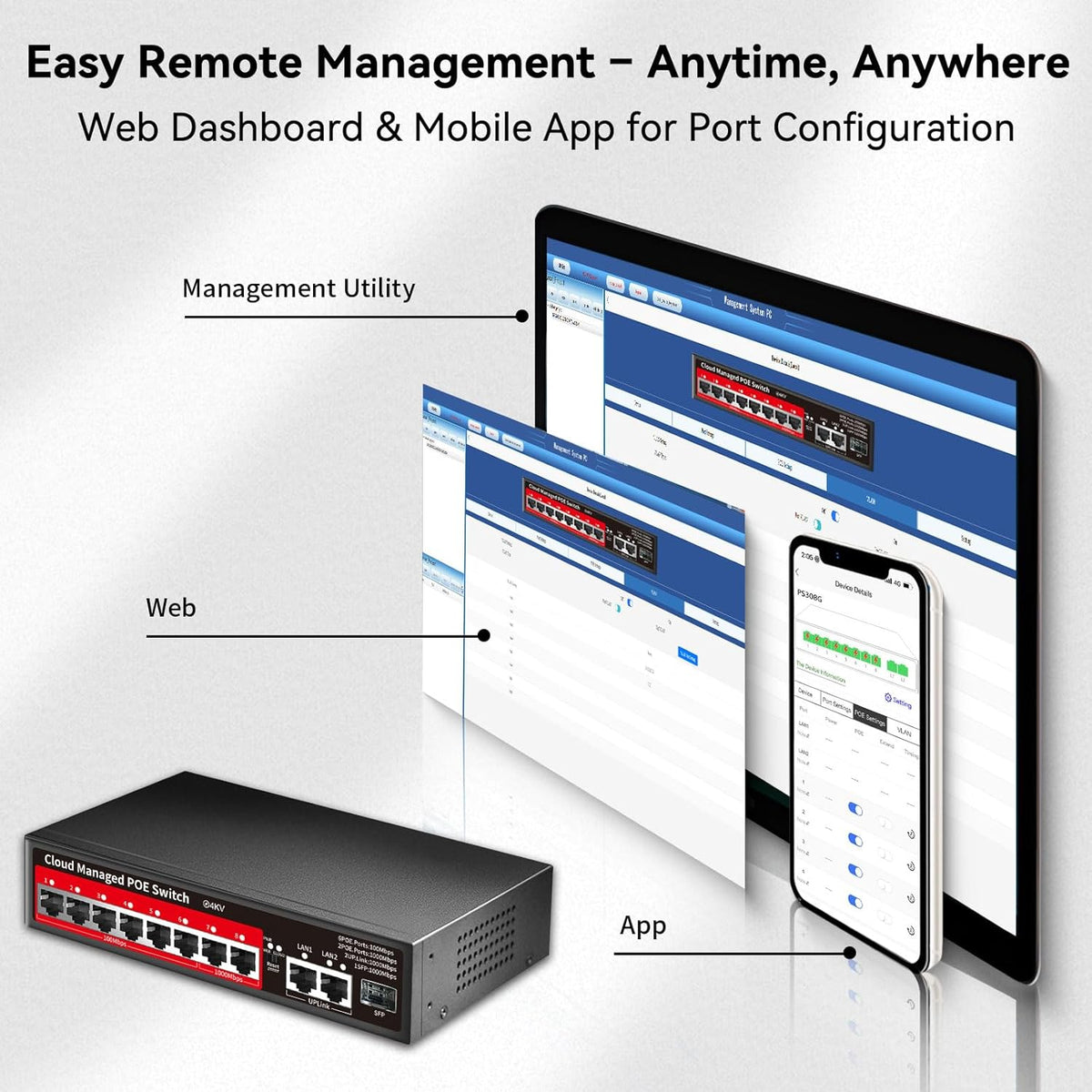 8 Port PoE+ Switch | Easy Smart Managed Ethernet Switch | Support VLAN, QoS | 120W Total PoE Budget | Fanless Metal | Plug & Play (Desktop/Wall Mount)