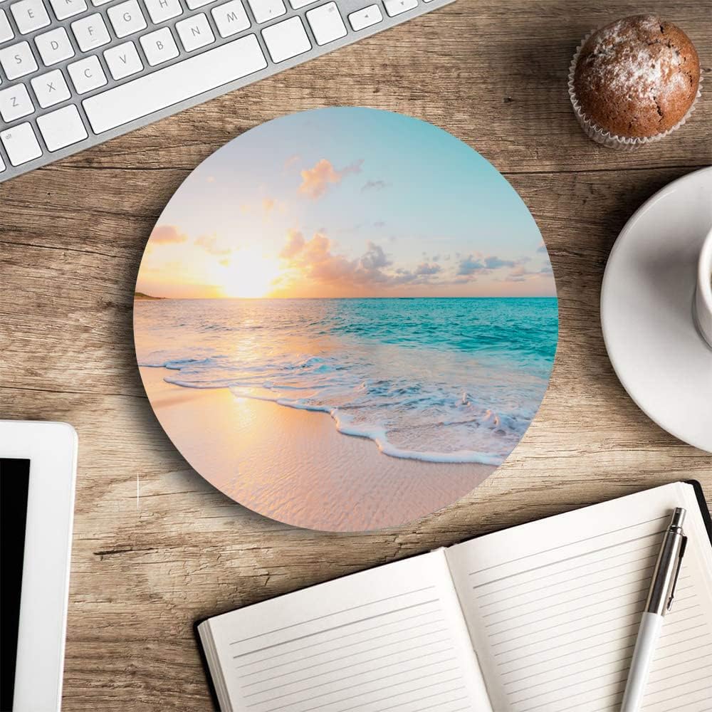 Round Mouse Pad, Beach Customized Premium-Textured Mouse Mat, Washable Mousepads with Lycra Cloth, Non-Slip Rubber Base Small Mousepad, 7.9×7.9×0.12 inches (Beach)