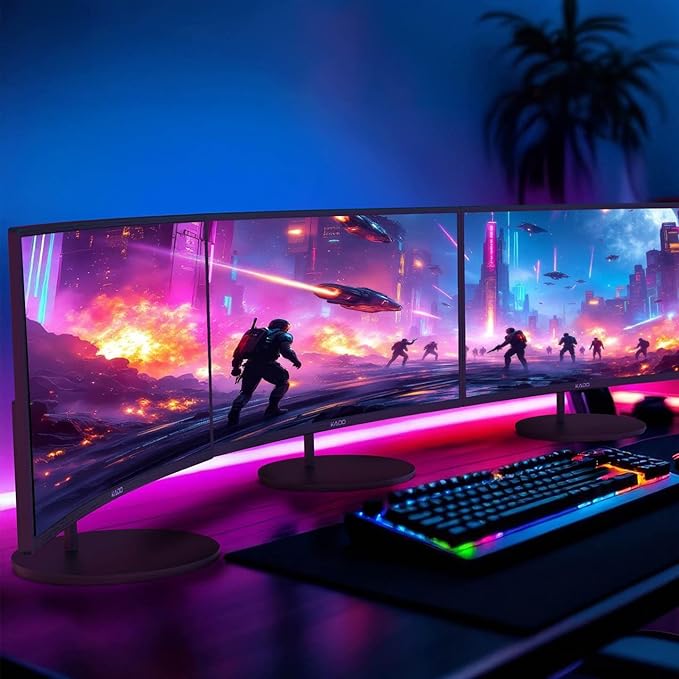 Kado Triple Monitor Setup - 3-Pack 24 1920x1080 Curved Computer Monitor 1500R 75Hz VESA Mount HDMI Office Gaming Hybrid Sim Racing Built-in Speakers (C24 Trio Series)