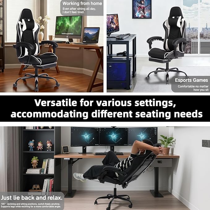 Modern High Back Gaming Chair PU Leather Computer Chair with Wheels Footrest Massage Lumbar Support Height Adjustable Swivel Game Chairs for Work or Home Office (Black White)