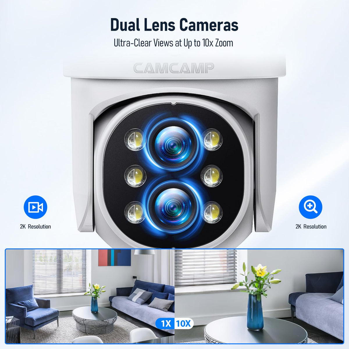 Camcamp Wireless Security Camera System with Monitor,10x Zoom 5MP Dual Lens Security Camera Outdoor with Night Vision,Motion Detection,Expandable 10CH
