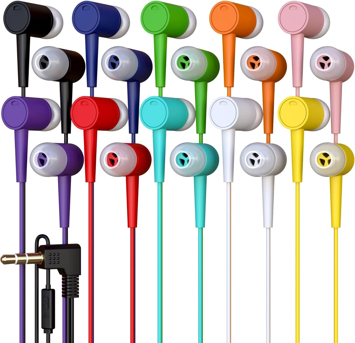 10 Pack Multi Color Kid's Wired Microphone Earbud Headphones - Disposable Earbuds with Mic for Classroom, Libraries,
