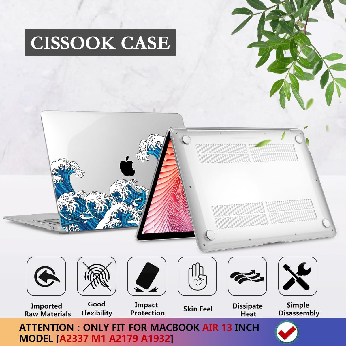 CISSOOK Wave Case for MacBook Air 13 inch Case 2021 2020 2019 2018 Release, Ocean Hard Shell Cover for MacBook Air 13'' with Touch ID A2337 M1 A2179 A1932 Model with Keyboard Cover + Screen Protector