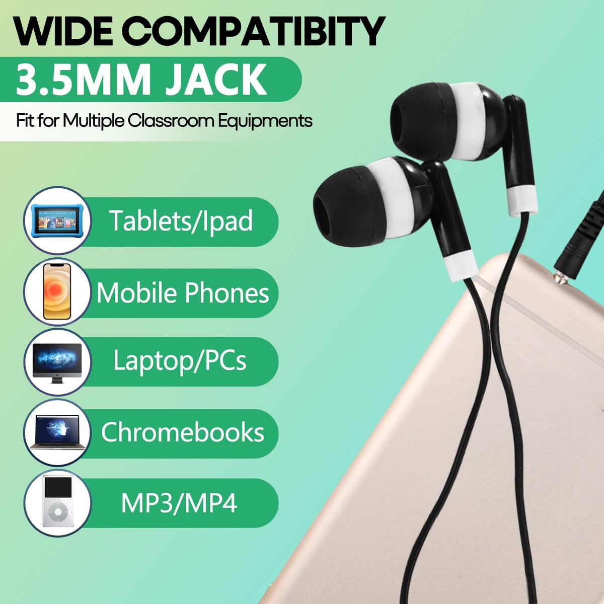 60 Pack 3.5 mm Earbud Bulk Kids Headphone for Classroom School, Wholesale Class Room Students Wired Earphones with Jack