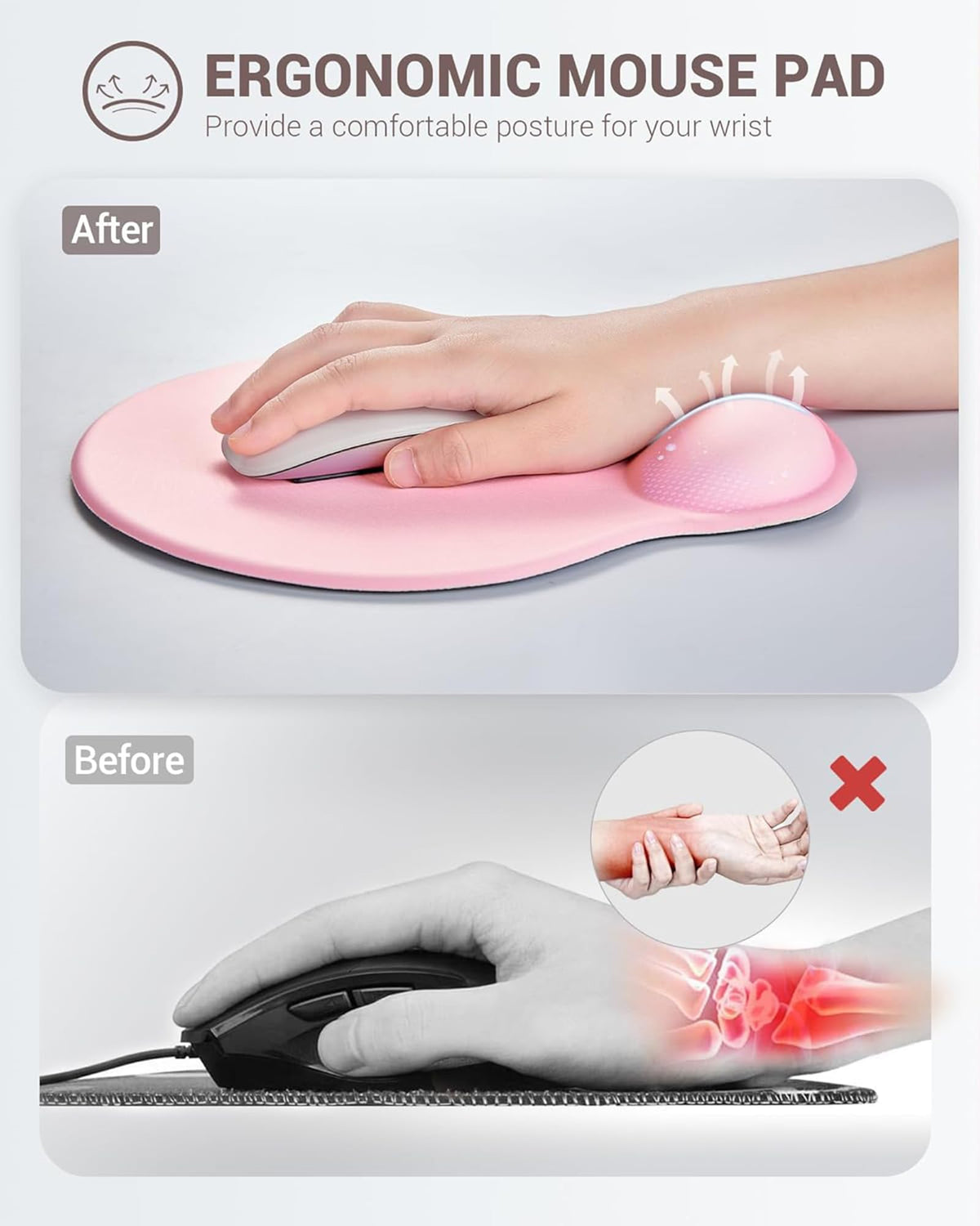 Laborio Ergonomic Mouse Pad Wrist Support Set, Memory Foam Keyboard Wrist Rest Set, Relieve Wrist Pain Keyboard Pad, Non-Slip Base Mousepad(Pink Set)