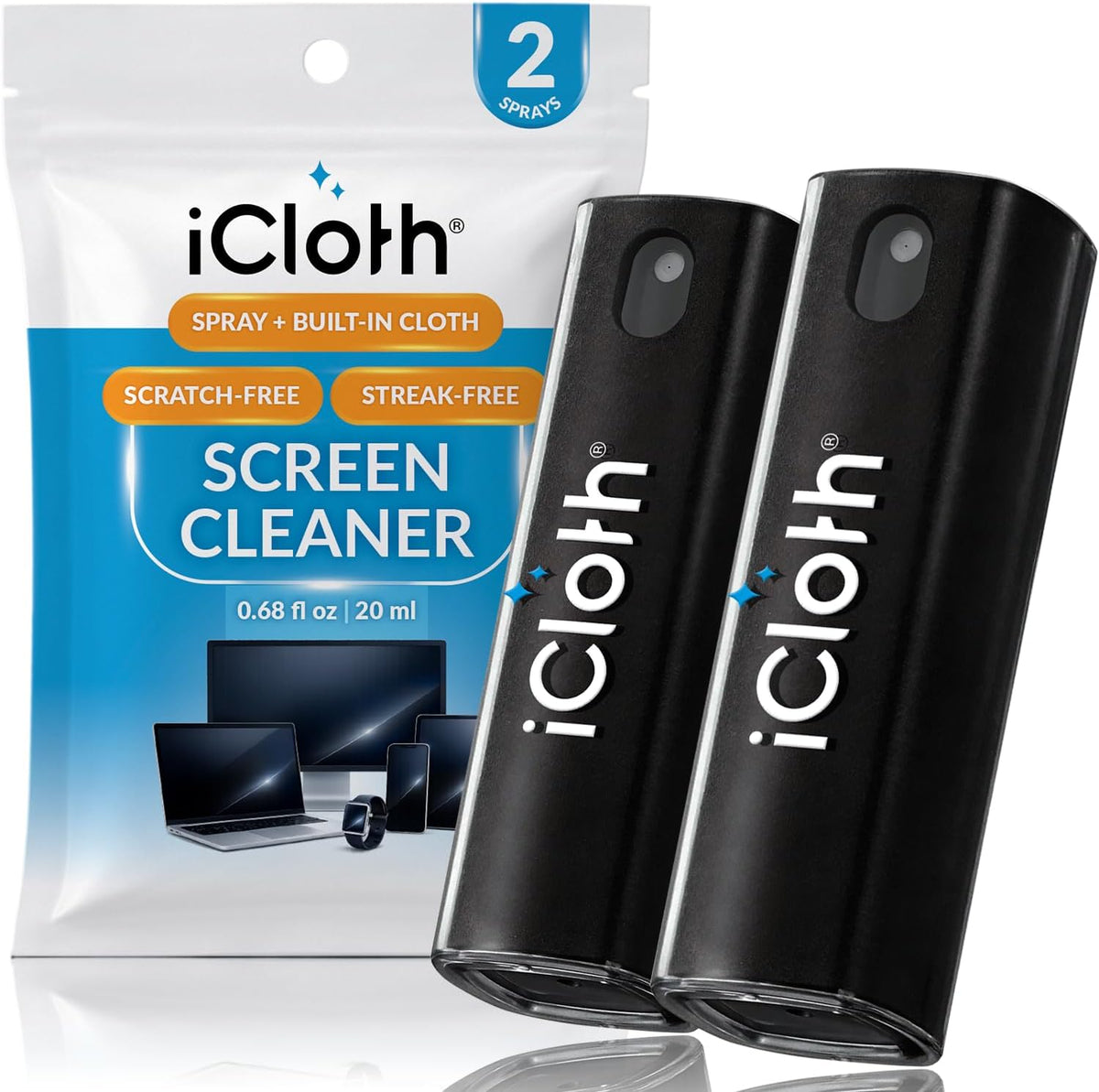 iCloth 2X 2-in-1 0.68 oz (20ml) Screen Cleaner Spray & Microfiber Cloth for Laptops, Tablets, Phones, Car Screens