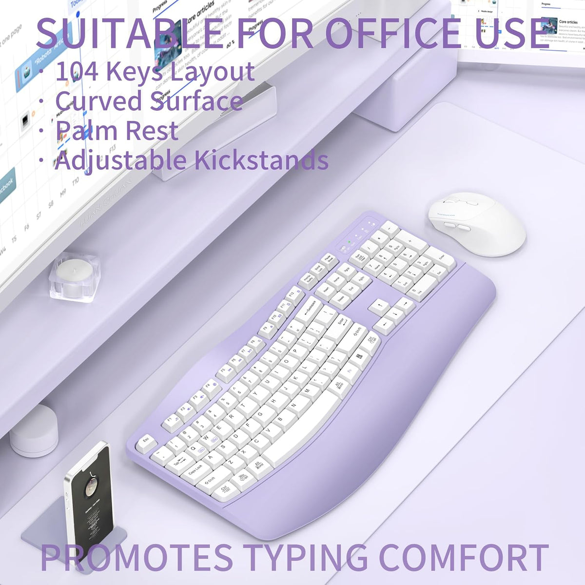 Ergonomic Wireless Keyboard and Mouse Combo, Wave Keys Keyboard with Wrist Rest for Natural Typing, 3 DPI Adjustable Ergonomic Silent Mouse for Computer/Laptop/Windows/Mac (Purple)
