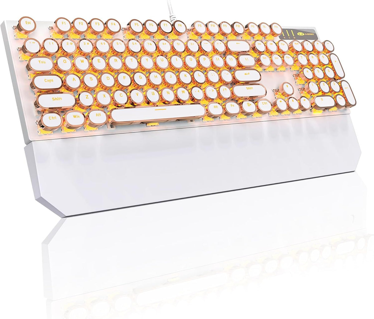 MageGee Typewriter Mechanical Gaming Keyboard, Retro Gold Punk Round Keycaps LED Backlit Wired Keyboards for Laptop MAC PC Gamer, with Magnetic Wrist Rest - Blue Switch