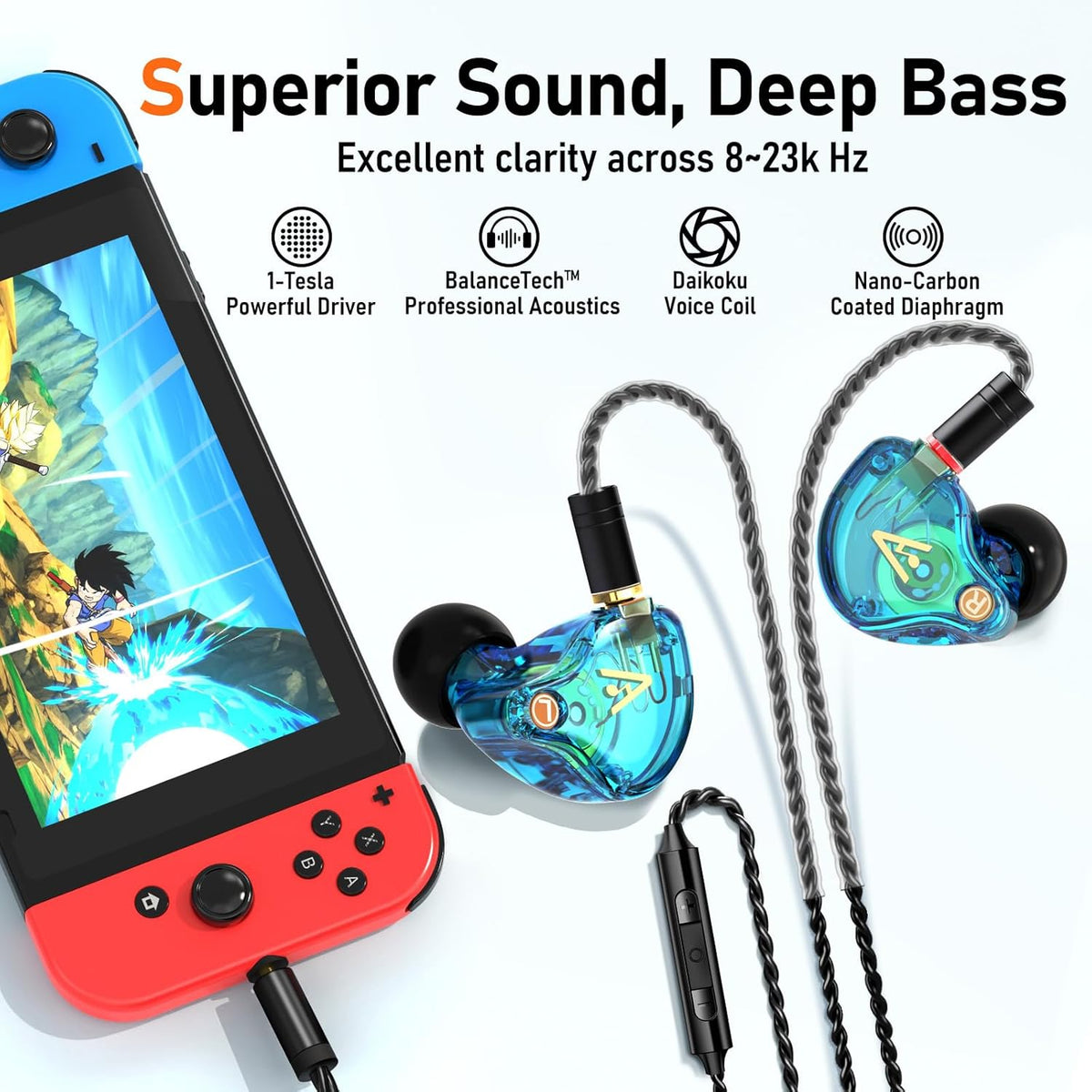 Vibes 202M Wired Earbuds - HiFi in Ear Monitor Headphones - Noise-Isolating Ear Buds w/ Mic - Clear Sound, Deep Bass & Comfort-Fit Gaming Earphones - MMCX to 3.5mm & Silver Plated Cord, Carrying Case