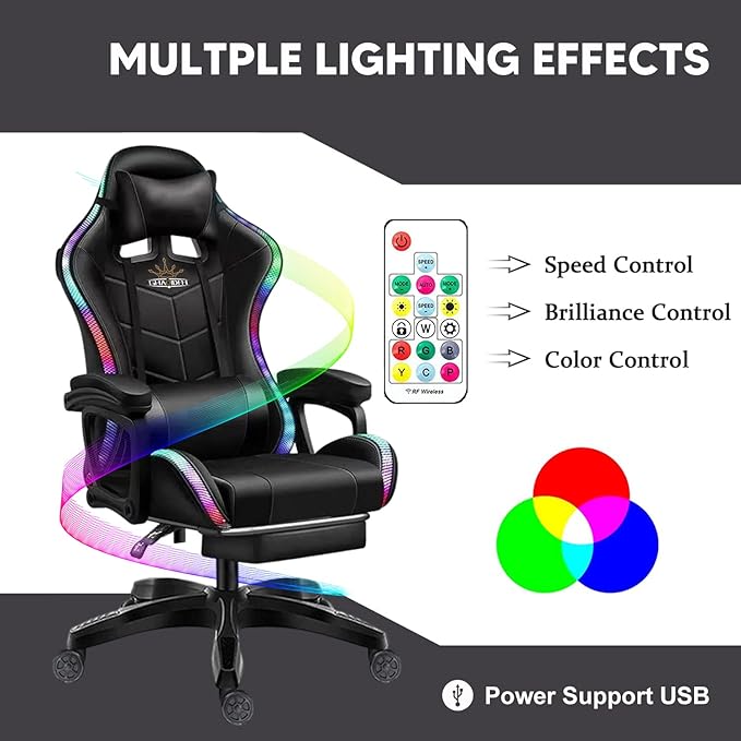 LED Gaming Chair Ergonomic Massage Racing Computer Chairs High Back Video Game Chairs with Speakers PU Leather with Footrest Headrest Lumbar Support Office Desk Chair for Adults TeensPink