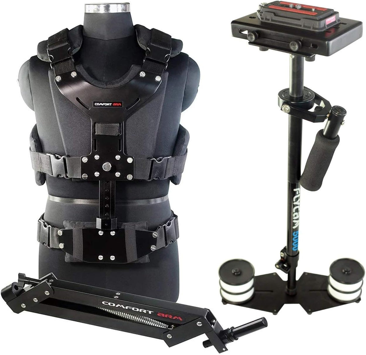 Flycam 5000 Handheld Camera Stabilizer with Comfort Arm Vest. Precise Balancing, Smooth & Fatigueless Operations. Quick Shock Absorption, Free Quick Release, Arm Brace & Table Clamp (FLCM-CMFT-KIT)
