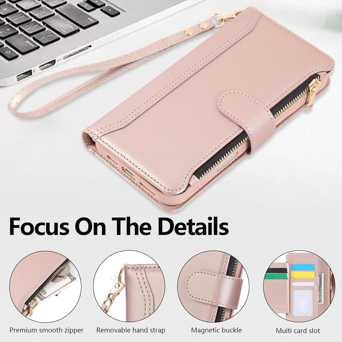 Compatible with iPhone 16 Pro Wallet Phone Case-PU Leather Magnetic Flip Cover with Credit Card Slots,Zipper Pocket & Detachable Wrist Strap,Shockproof Design,for Women and Men-Pink