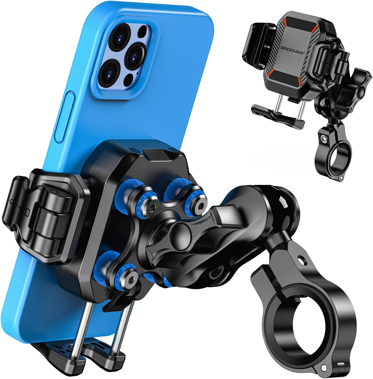 BRCOVAN Anti-Theft Motorcycle Phone Mount with Vibration Dampener, [1s Lock] [Camera Friendly] Handlebar Cellphone Holder for Bike Bicycle Scooter ATV, Adjustable Size Fit 5.4-7.2" Smartphone