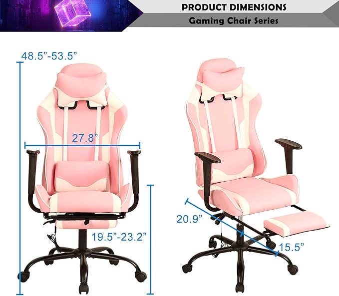 Pink Gaming Chair with Footrest Big and Tall Gaming Chairs for Adults Leather Computer Desk Chair for High Back Height Adjustable Reclining Gamer Chair with 360° Swivel Wheels &amp Lumbar Support