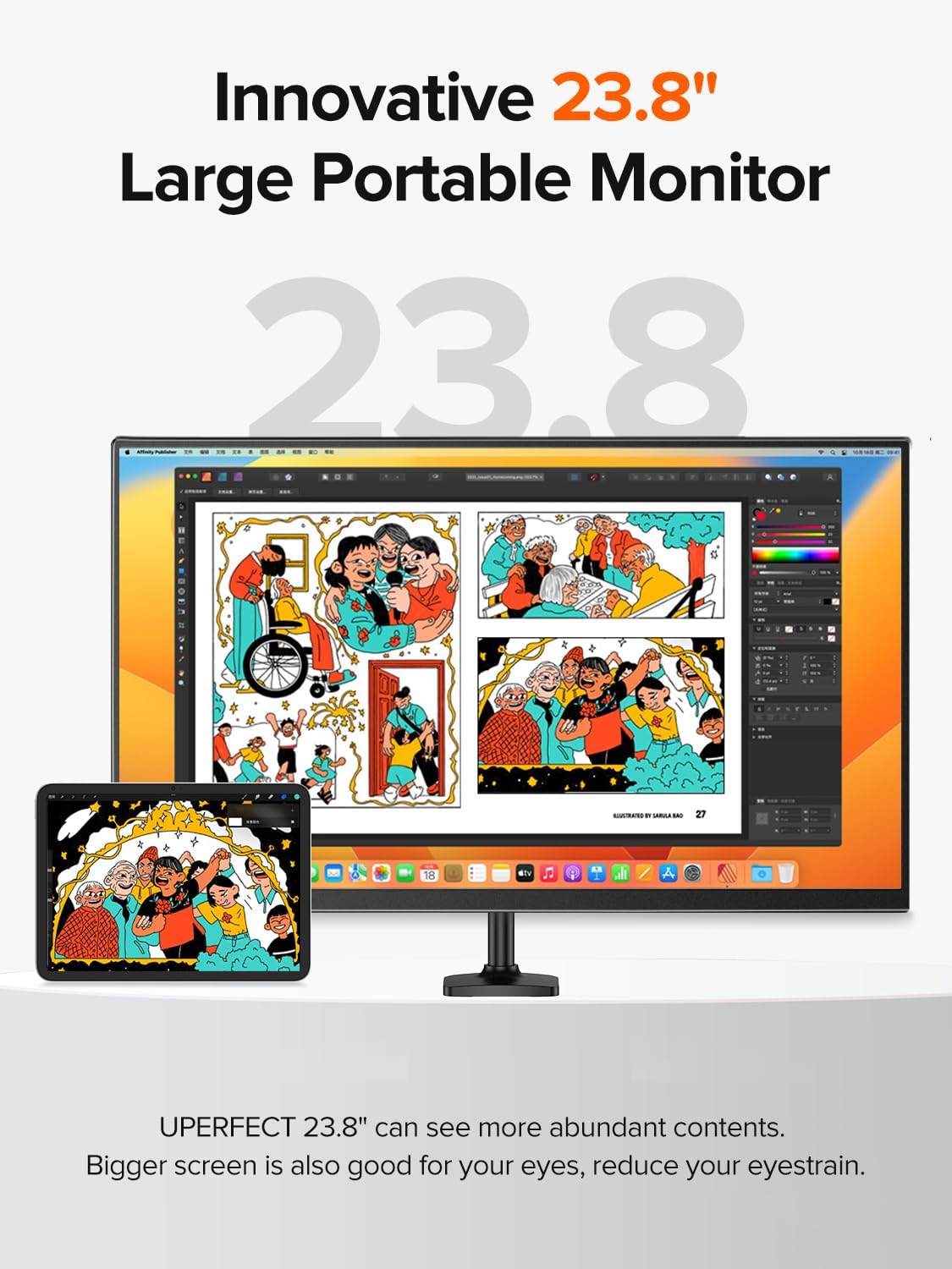 UPERFECT 24" 120Hz Portable Monitor 1080P 100% sRGB with Built-in Stand & VESA, HDMI USB-C FHD Travel Monitor for Laptop/MacBook/SteamDeck/Phone/Mini PC, External Second Screen for Gaming & Work
